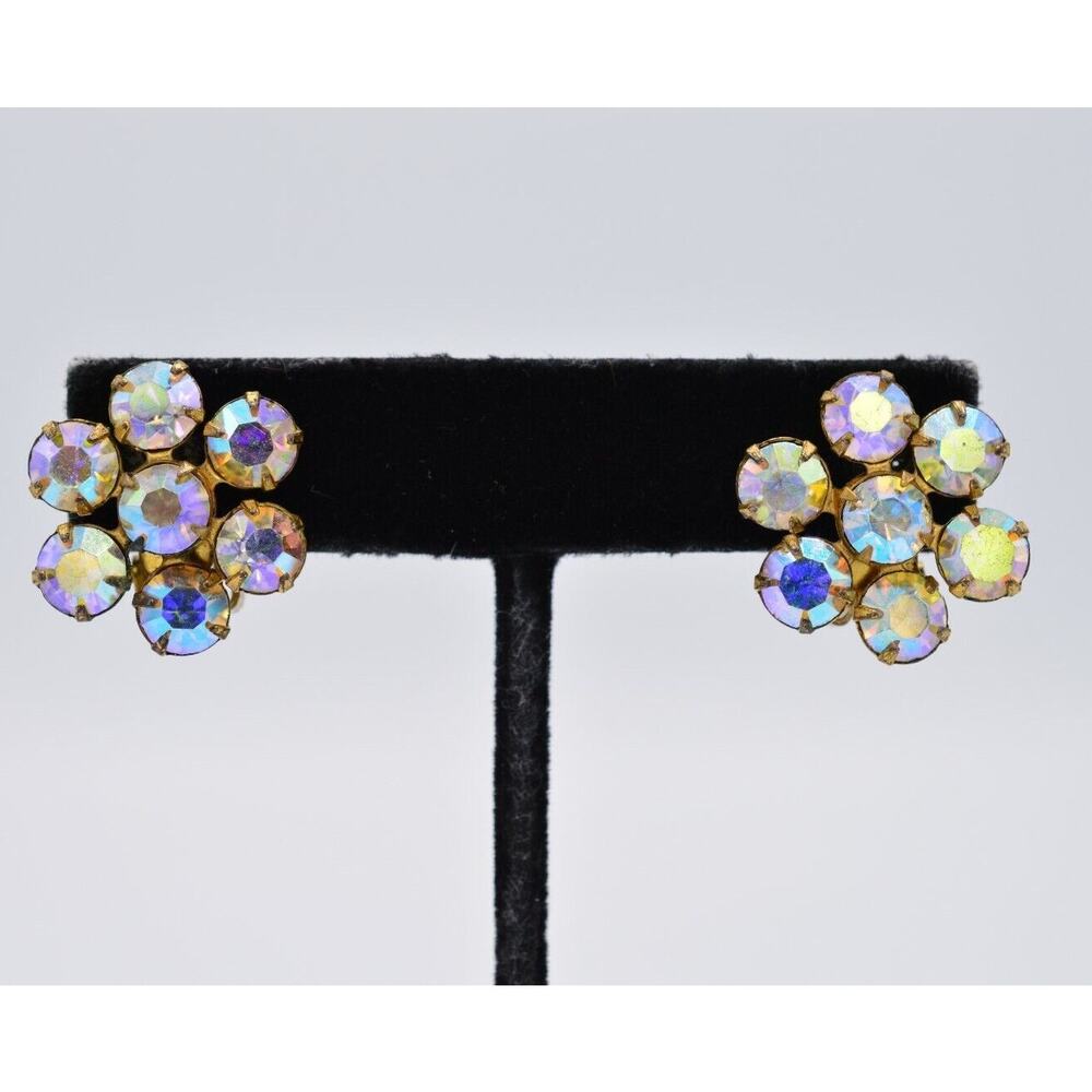 Vintage Crystal Clip On Earrings Gold AB Aurora Borealis Rhinestone Flower BinAA